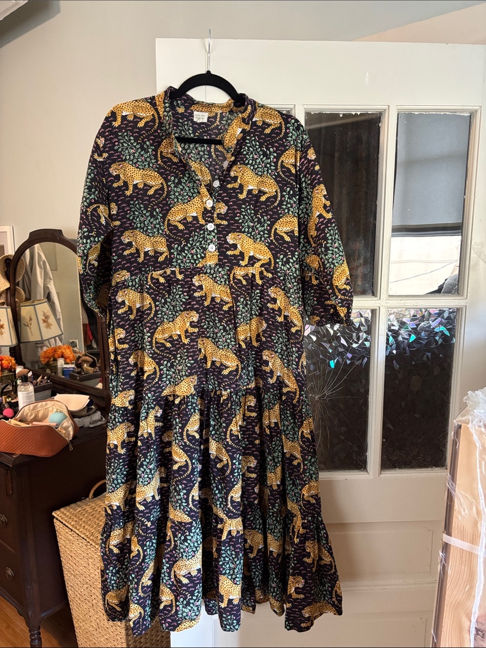 Women's Black Tiered Dress with Leopard Print